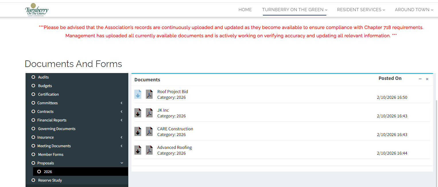 Screenshot of roof project documents listed in the official HOA portal (February 10, 2026)